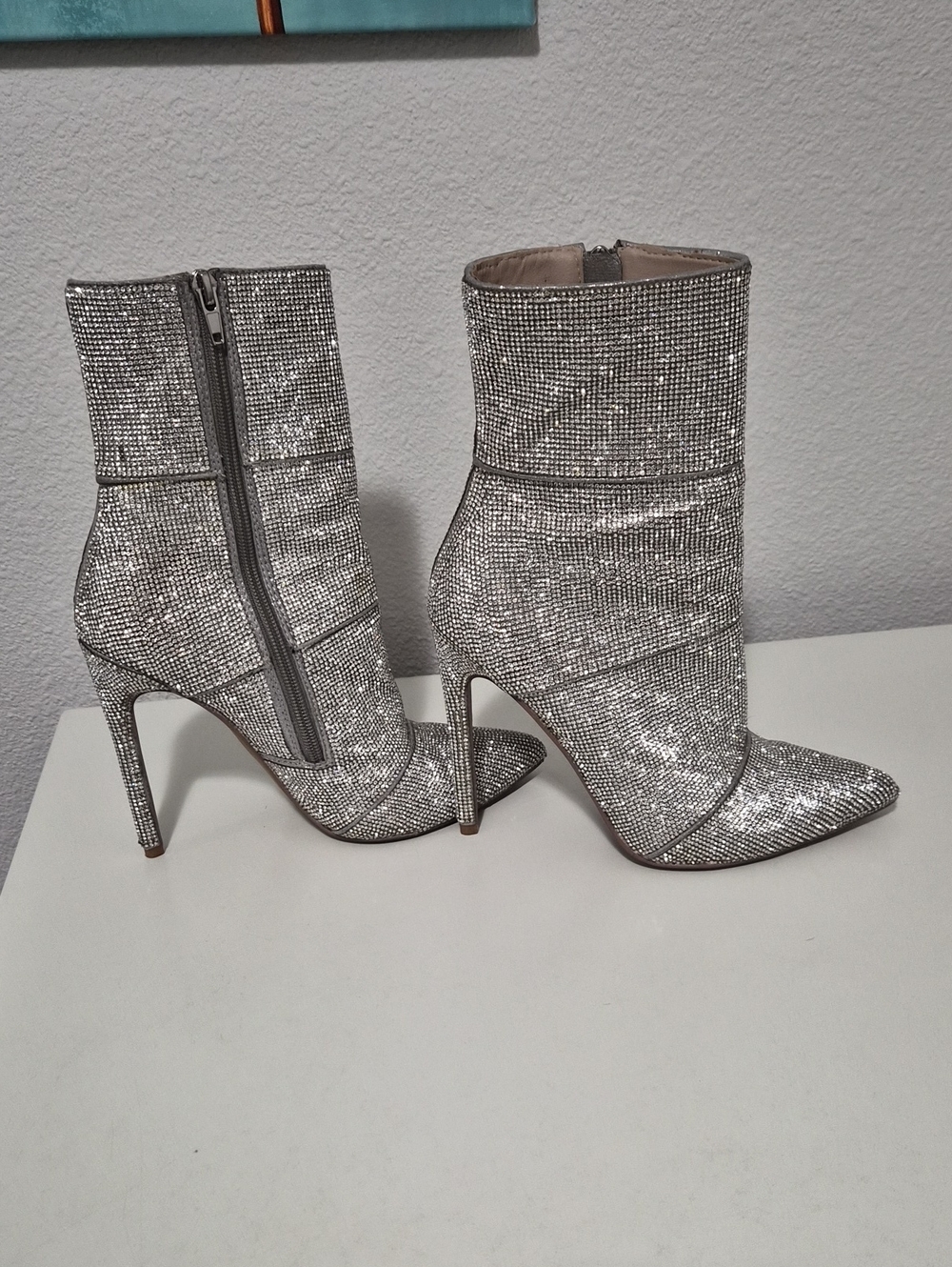 Steve Madden Silver Rhinestone Pointed-Toe Stiletto Ankle Boots